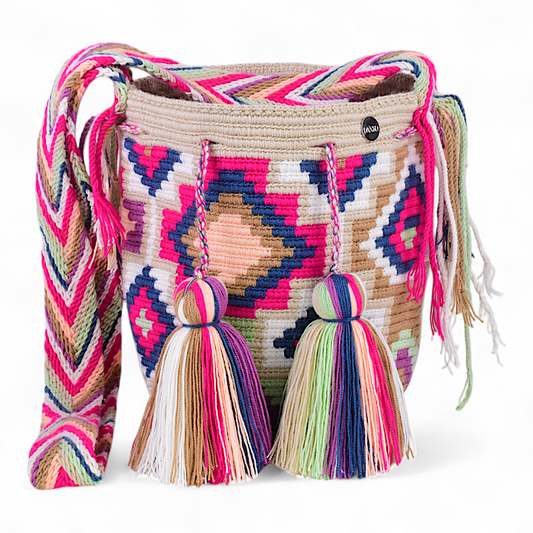 Hand Made Crossbody Bag with Multi-Colour Geometric Design and Tassels