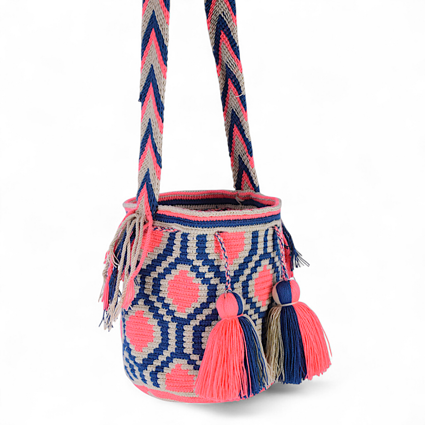 Hand Made Indigenous Bag with Coral & Navy Geometric Design and Multicolour Strap 20x20cm