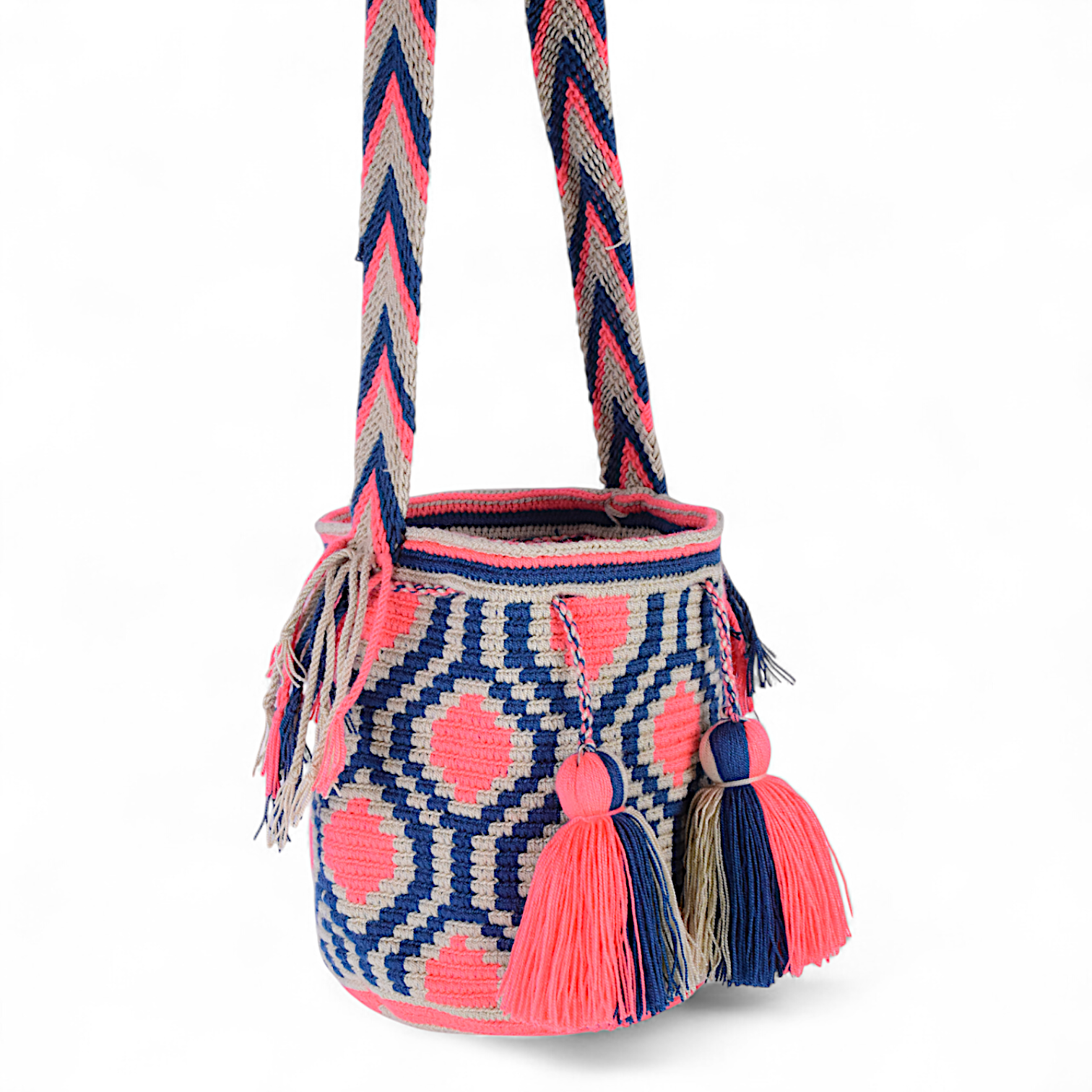 Hand Made Indigenous Bag with Coral & Navy Geometric Design and Multicolour Strap 20x20cm