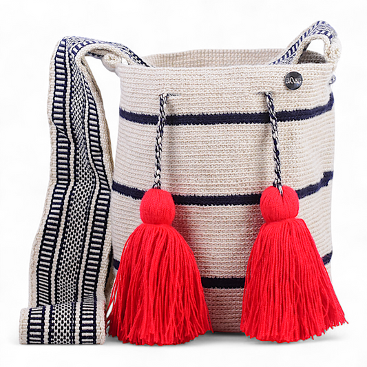 Hand Made Mochila Bag with Navy Blue Stripe Design