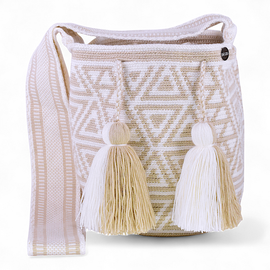Hand Made Mochila Bag with White & Cream Geometric Design with Tassels
