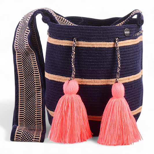 Hand Made Navy Blue Bag with Beige Stripe Design