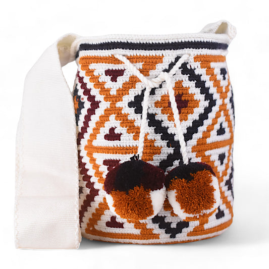 Hand Made Patterned Crossbody Wayuu Bag with Pom Poms