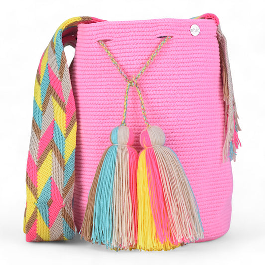 Hand Made Pink Shoulder Mochila Bag Multi Colour Strap