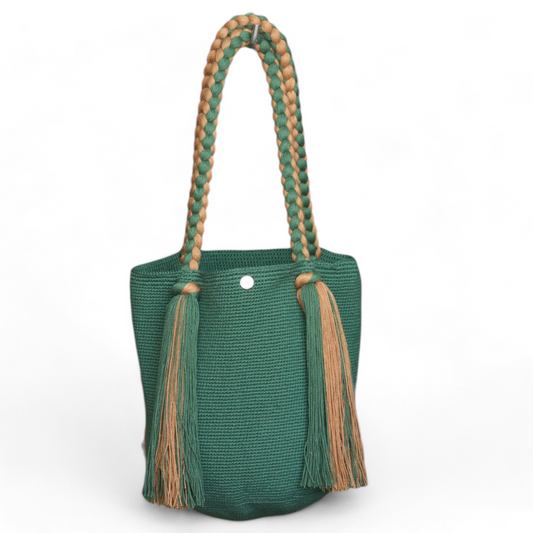 Hand Made Teal Crochet Tote Bag with Long Tassels