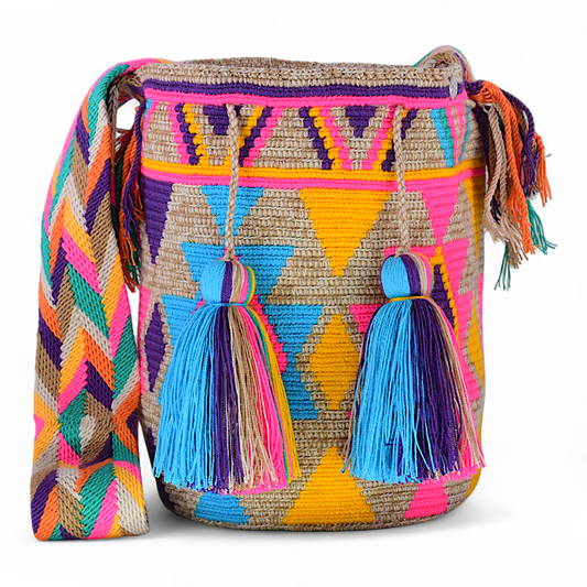 Hand Made Wayuu Bag with Bright Multicoloured Geometric Design with Tassels