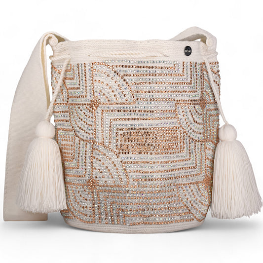 Hand Made White Crochet Bag with Silver and Gold Gems