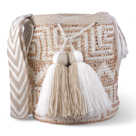 Hand Made White & Gold Pattern Crochet bag with Gems