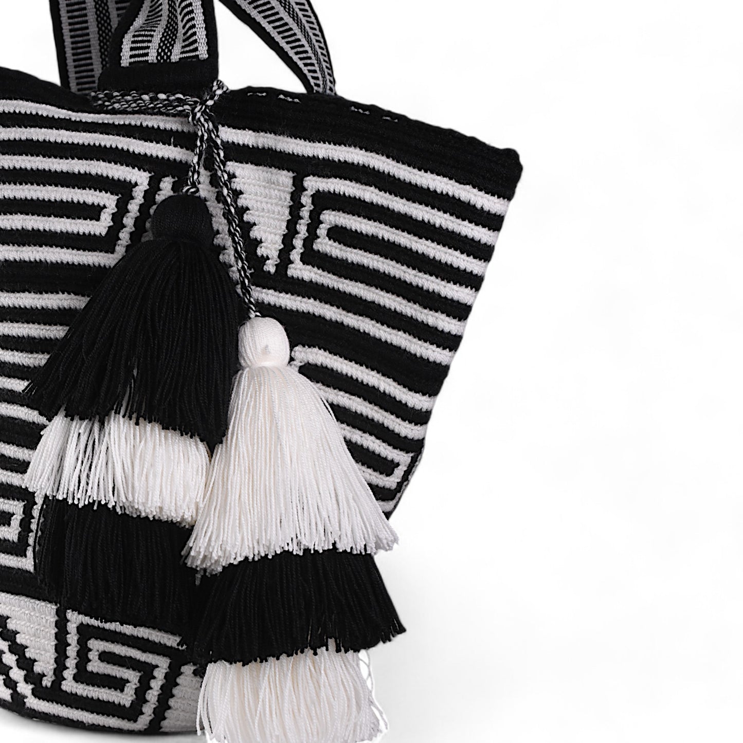 Hand Crafted Black White Shoulder Bag with Tassels