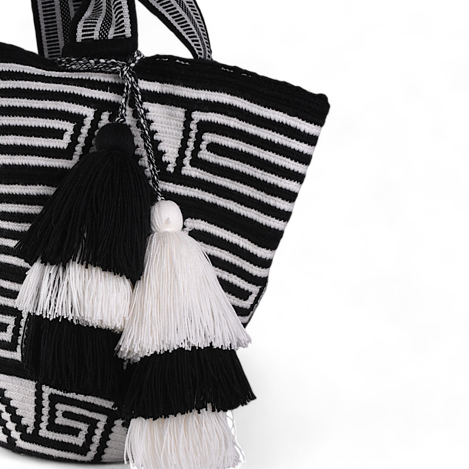 Hand Crafted Black White Shoulder Bag with Tassels