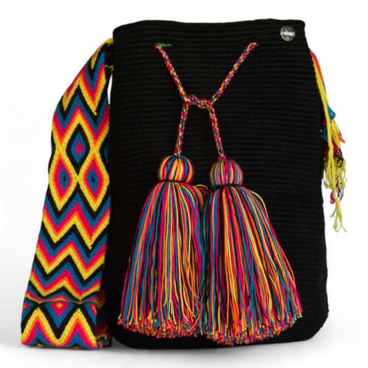 Handcrafted Black Crossbody bag with Multicolored Strap