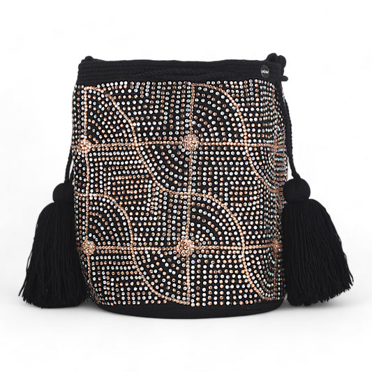 Handcrafted Black Shoulder Bag with Silver and Gold Gems