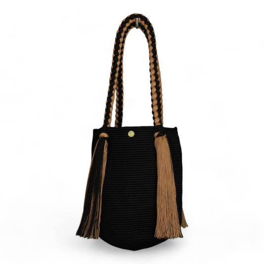 Handcrafted Black and Beige Shoulder bag With Long Tassels