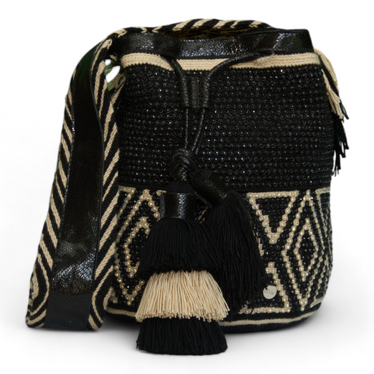 Handcrafted Black and White Leather Shoulder Bag with Tassels and Gems