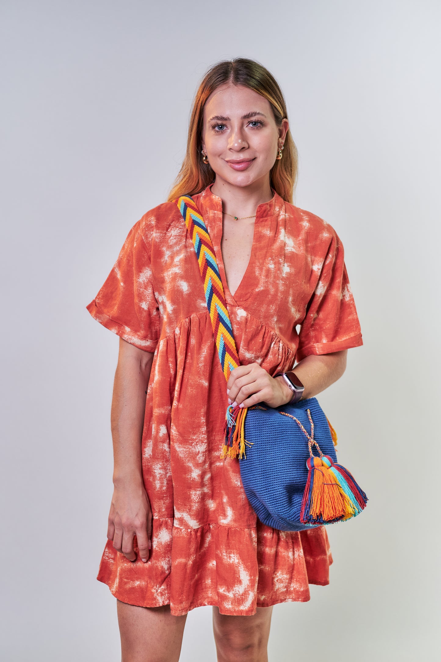 Handcrafted Blue Mochila Crossbody Bag with Multi-coloured Handle and Tassels