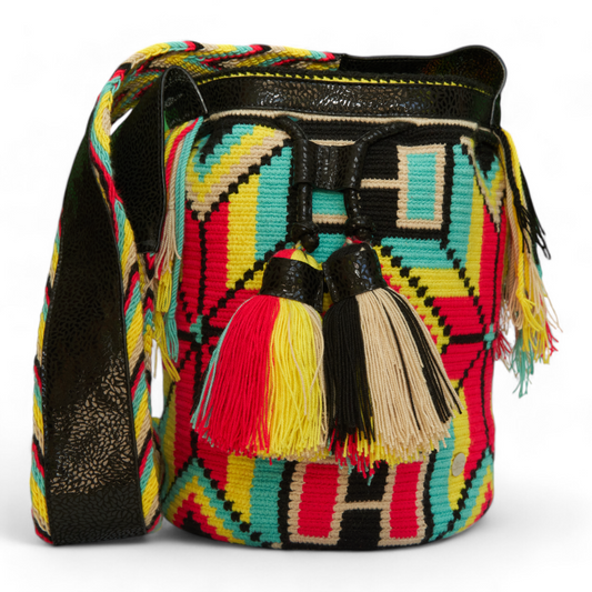 Handcrafted Danko Black Leather Crochet Bag with Multicoloured Pattern