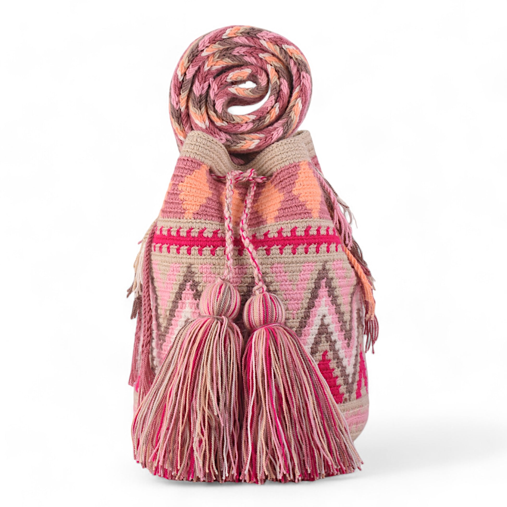 Handcrafted Pink Hand Bag with Zigzag Pattern and Tassels