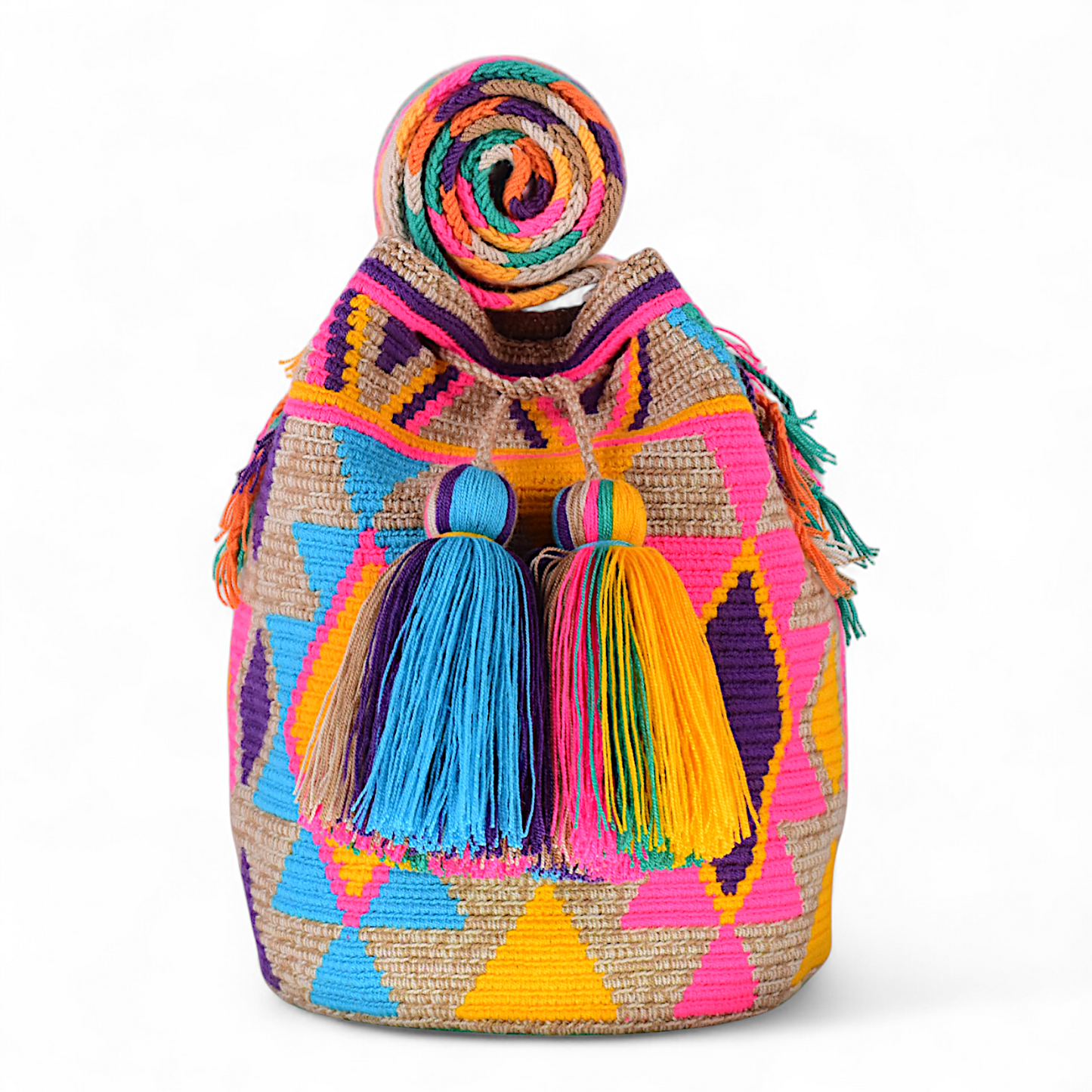 Handmade Beige Crochet Bag with Bright Multicoloured Geometric Design with Tassels 28x28cm