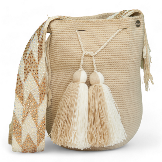 Beige and White Handcrafted Handbag with Gem Strap