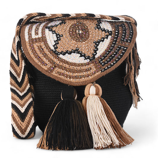 Handmade Black Crochet Bag with Gem Patterned Flap