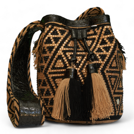Handcrafted Black Gold Genuine Leather Crochet Mochila Bag with Gems