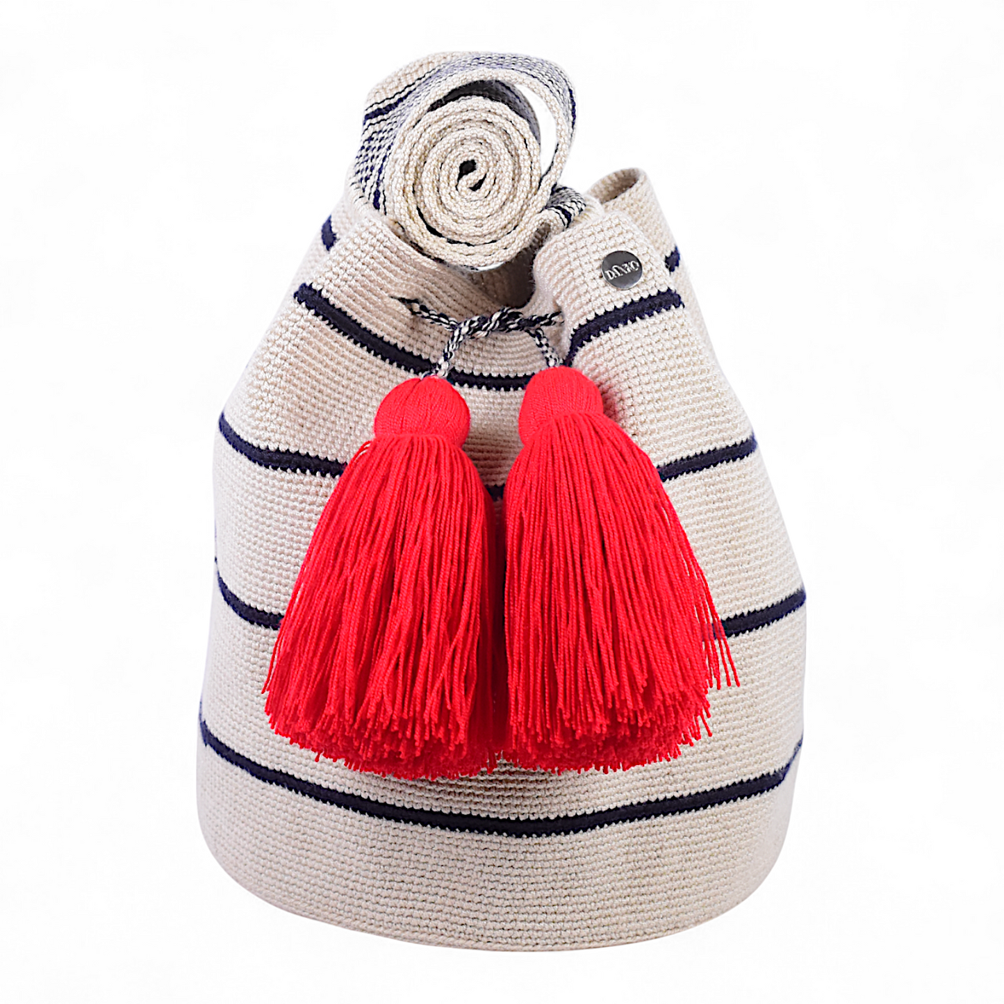Handmade Crossbody Wayuu Bag with Beige & Navy Blue Stripe Design and Red Tassels 28x28cm