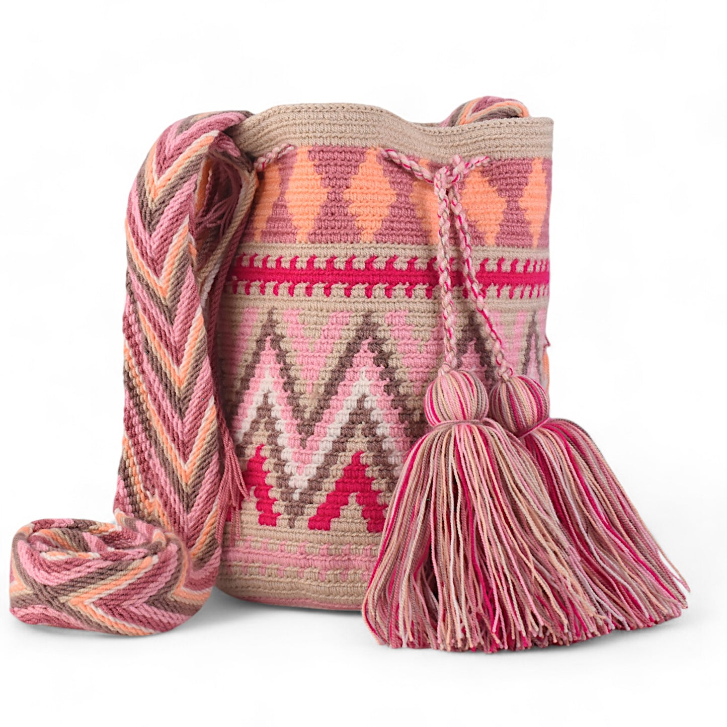 Handmade Pink Shoulder Mochila Bag with Zigzag Pattern