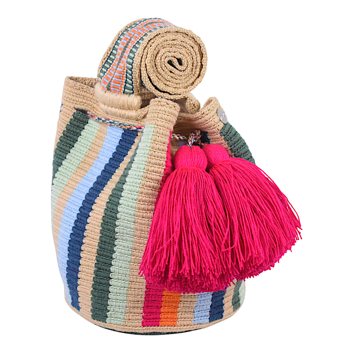 Indigenous Hand Bag with Colourful Vertical Stripes and Pink Tassels 20x20cm