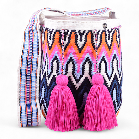 Large Wayuu Bag with Unique Design & Multicolor Strap and Pink Tassels