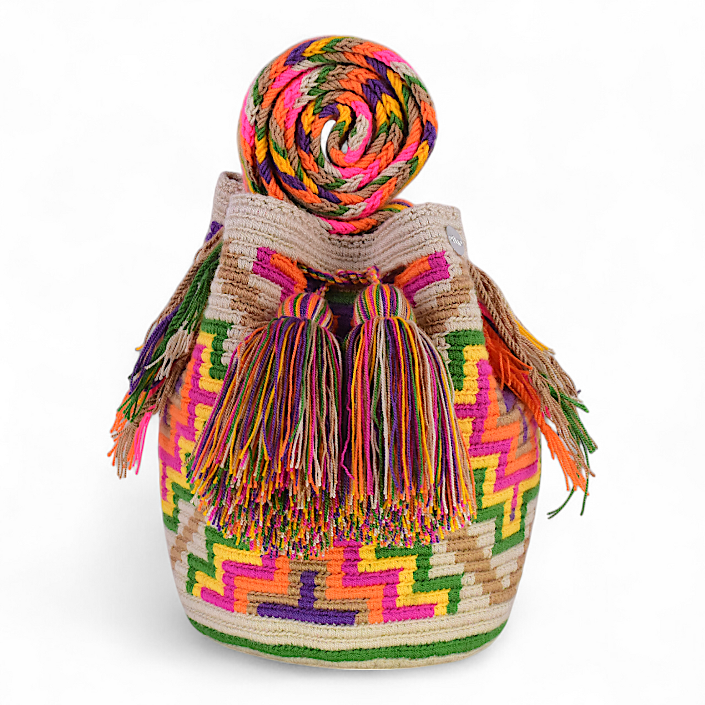 Medium Boho Bag with Multicolour Strap and Geometric Design with Tassels (20x20cm)