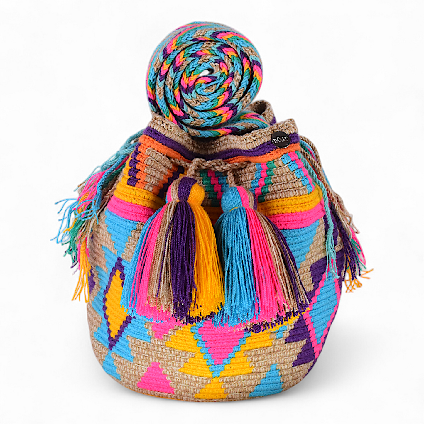 Medium Crochet Beige Mochila Bag with Multicoloured Geometric Design with Tassels 20x20cm
