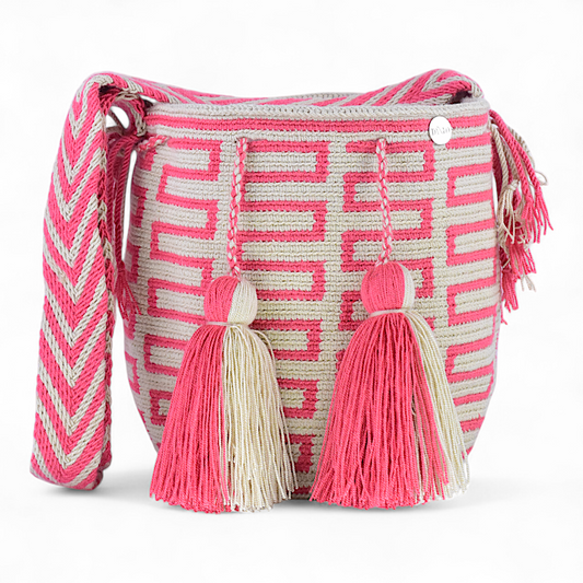 Medium Crochet Bucket Bag with Pink Meander Design and Tassels