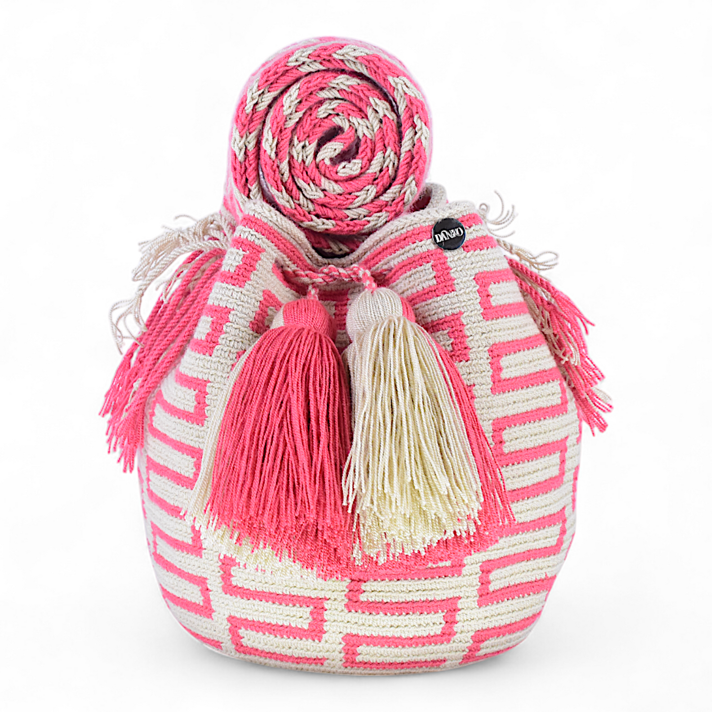 Medium Handmade Indigenous Bag with Pink Meander Design and Tassels 20x20cm