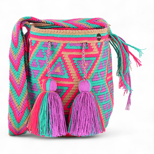Medium Wayuu Hand Bag with Purple, Green & Pink Geometric Design with Tassels