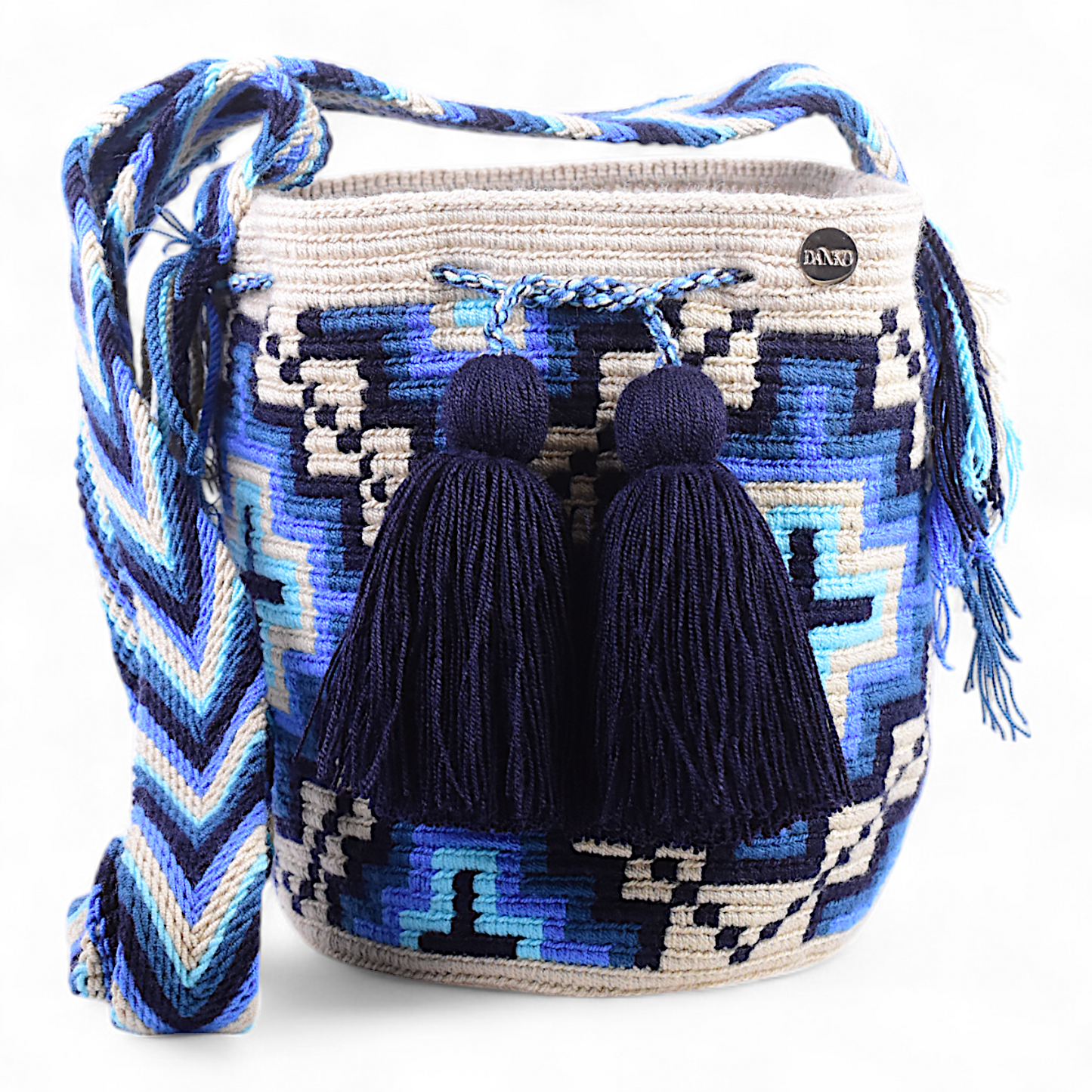Mochila Bag with Blue Geometric Design and Navy Blue Tassels 20x20 Centimeters