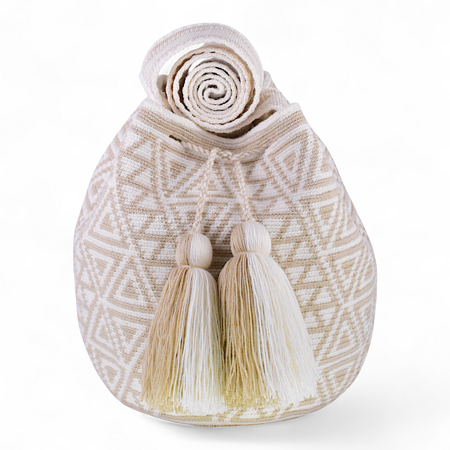 Mochila Bag with White & Cream Geometric Design with Tassels 28x28cm