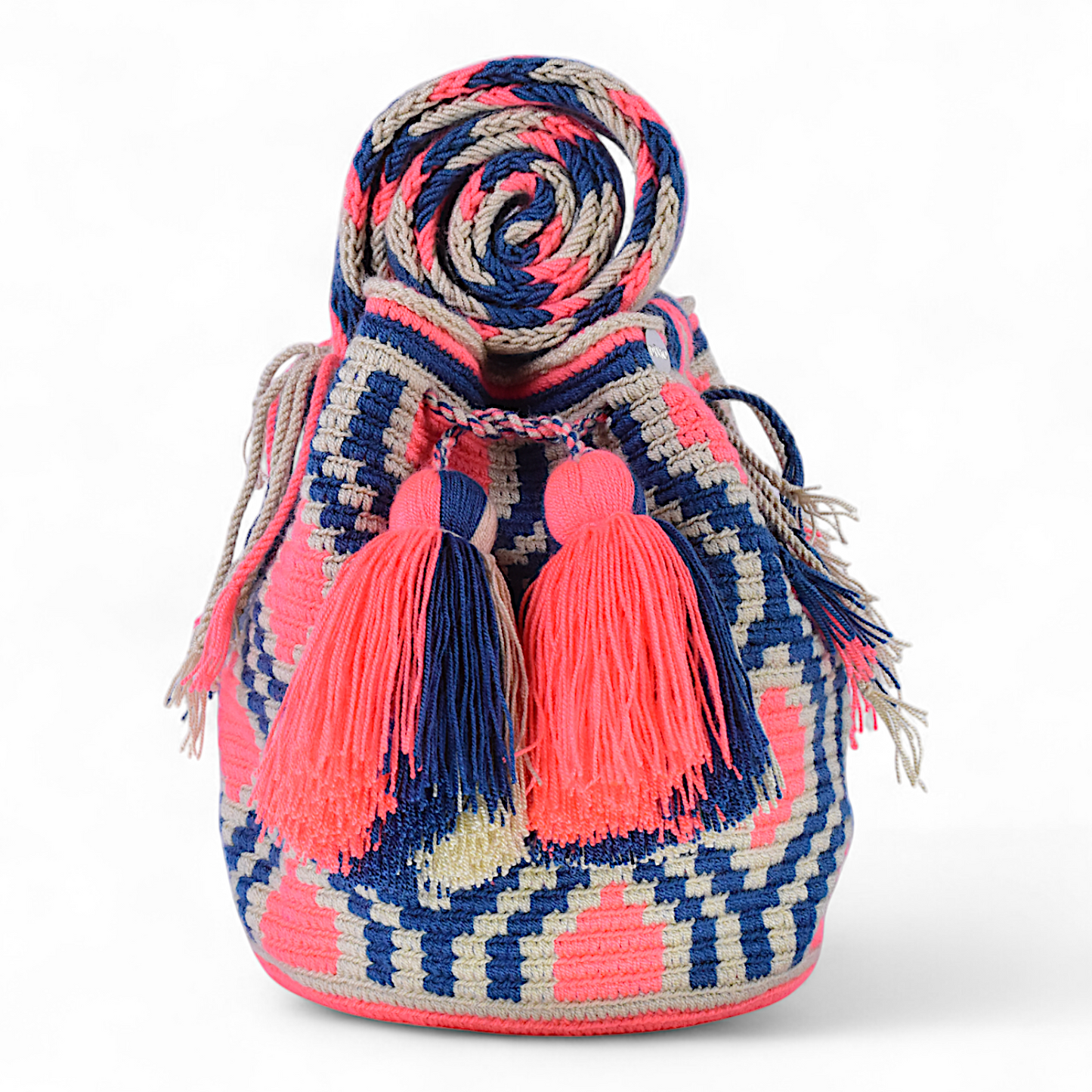 Mochila Wayuu Bag with Coral & Navy Geometric Design and Tassels 20x20cm