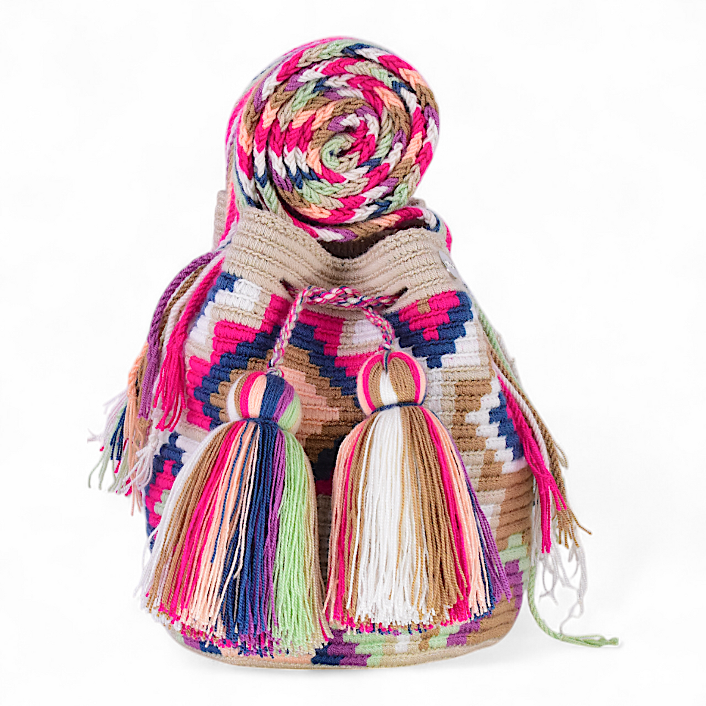 Mochila Wayuu with Pink & Blue Diamond Design and Tassels 28x28cm