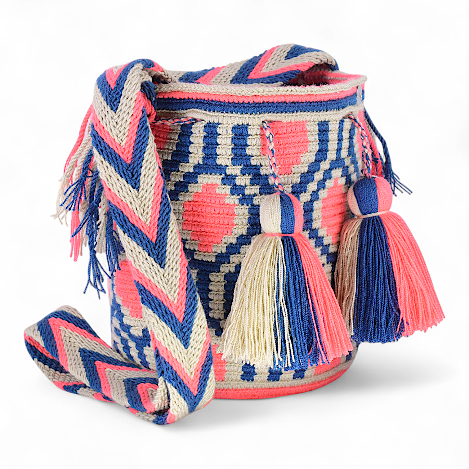 Shoulder Bag with Coral & Navy Geometric Design and Tassels 20x20cm