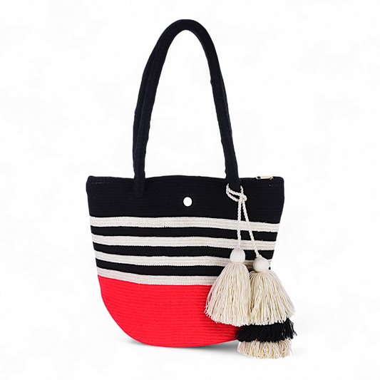 Tote Hand Crafted Bag Red, White & Black with Tassels and Zipper