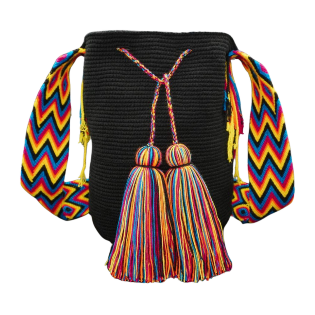 Handmade Black Handbag with Multicolored Handel and 2 tassels 