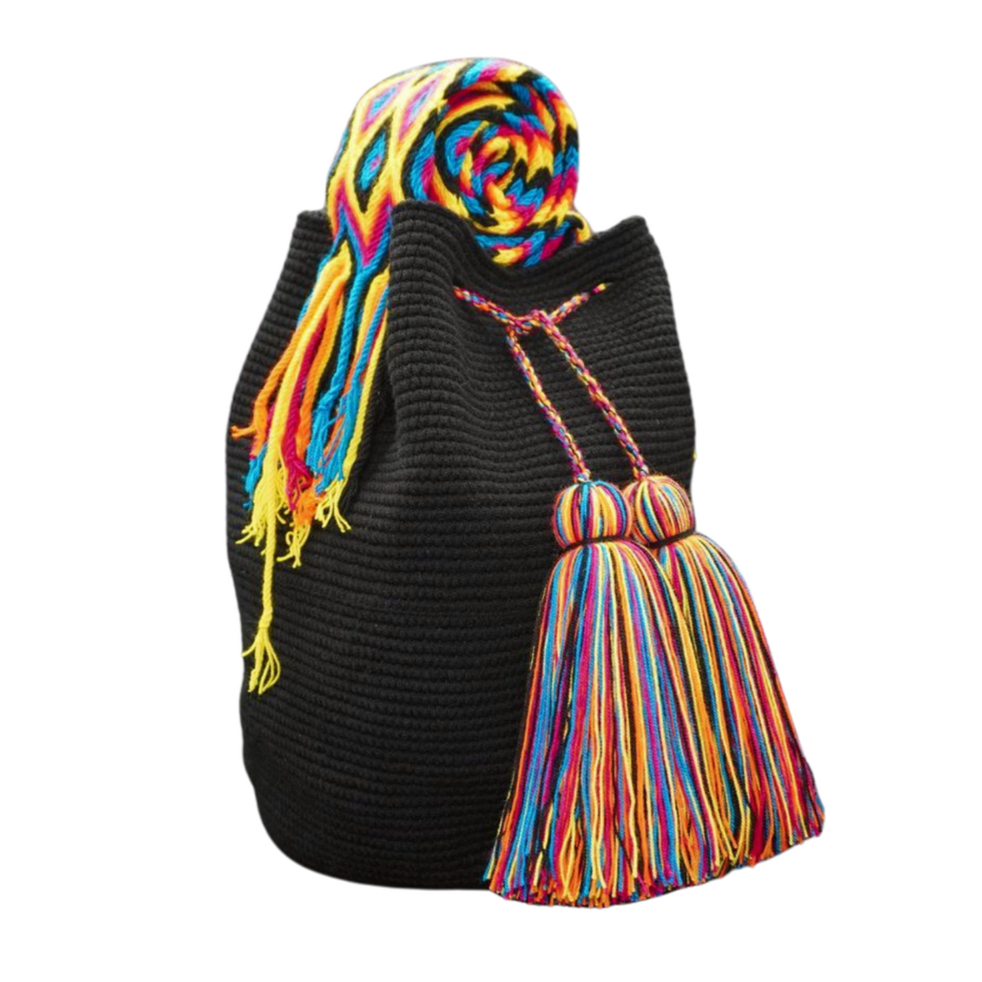 Handmade Black Handbag with Multicolored Handel and 2 tassels 