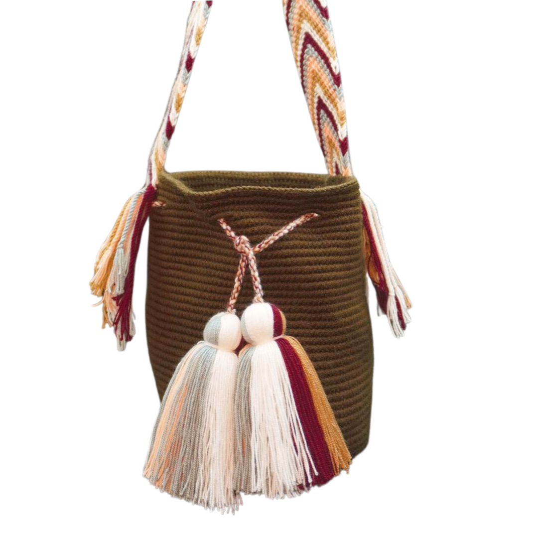 Medium Handmade Brown Handbag, with a patterned handle and 2 tassels.