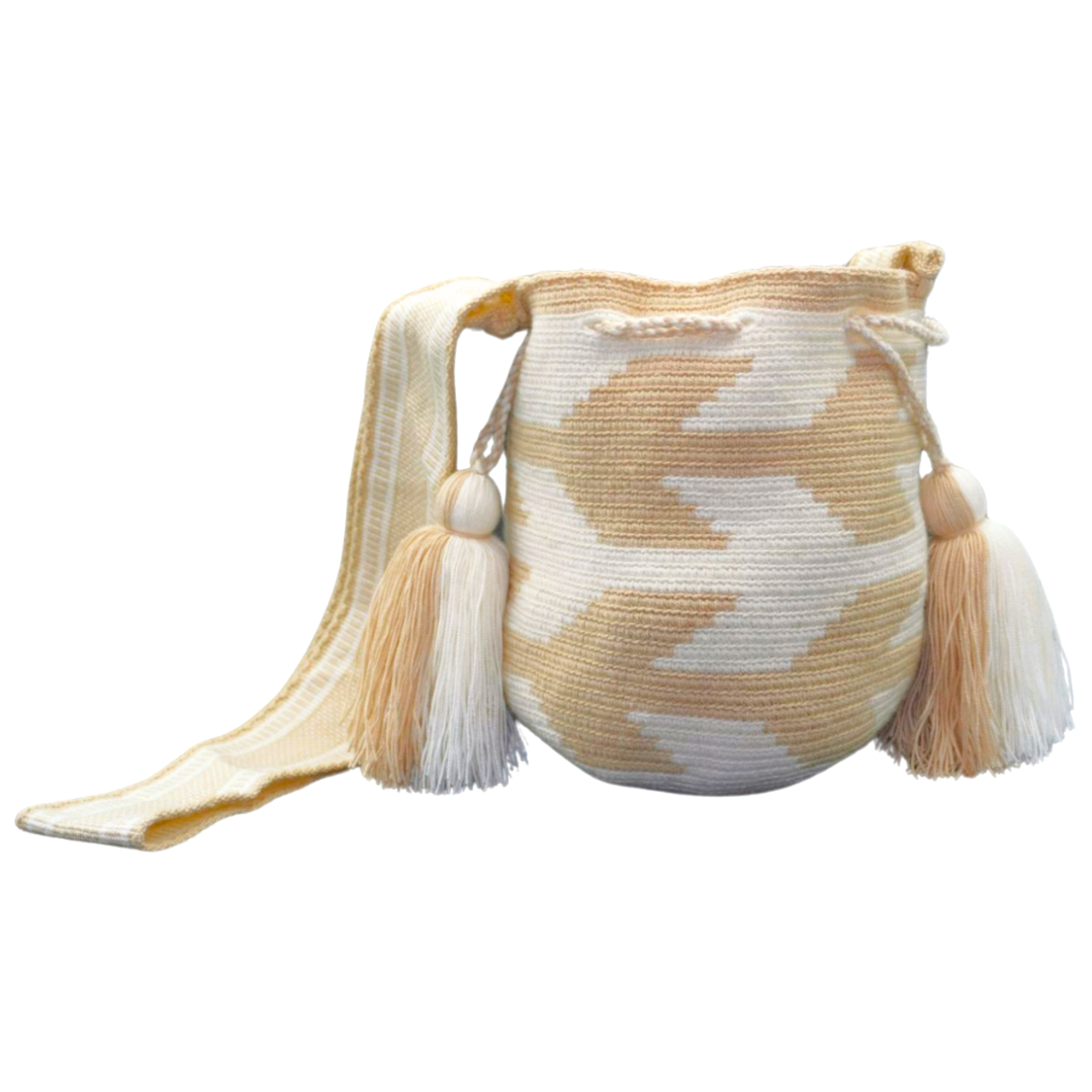 Medium White and Beige Handbag with Arrow Pattern and two tassels