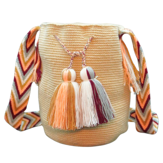 Medium Handmade Beige Handbag and a patterned handle with 2 tassels 