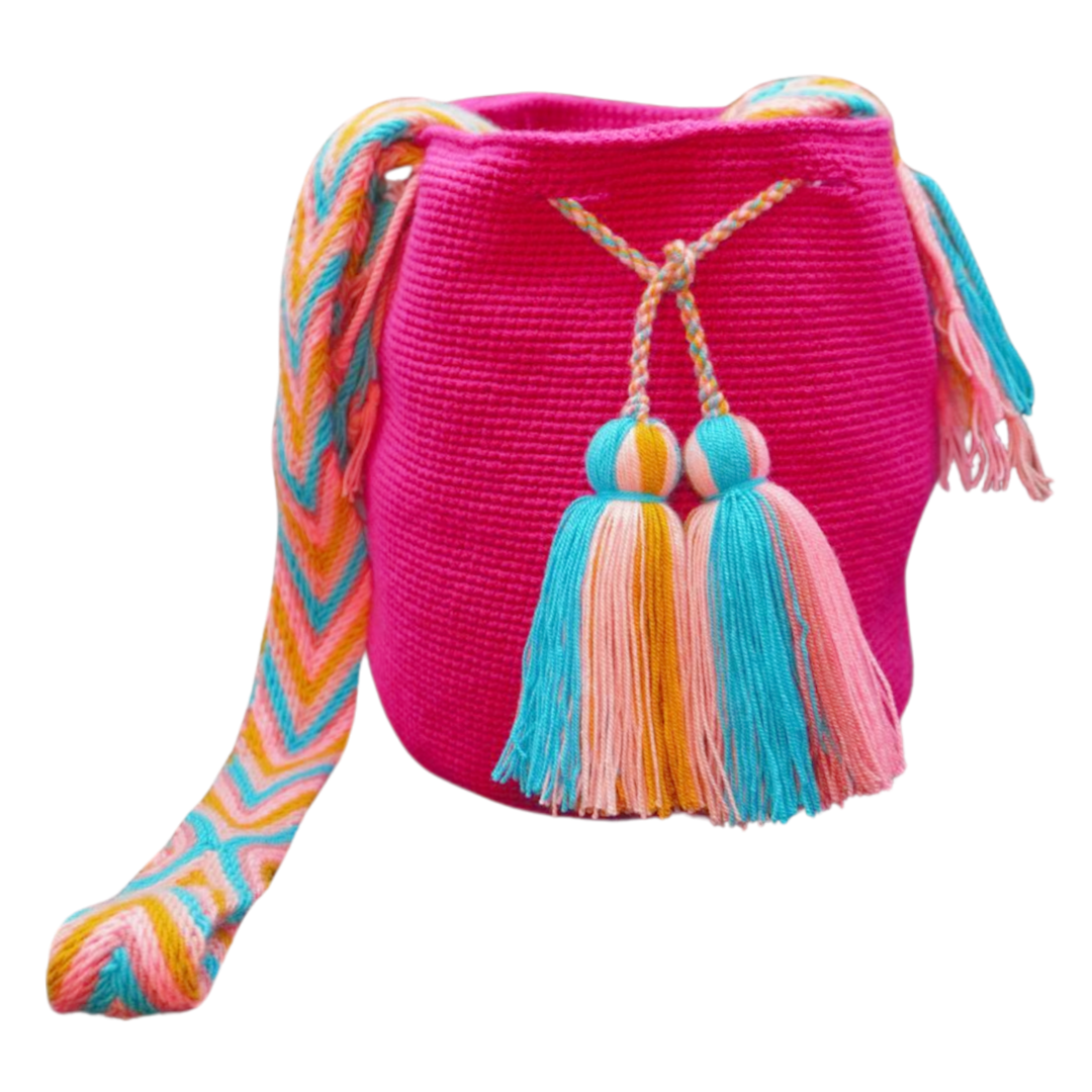 Medium Handmade Pink Handbag, with a patterned handle and 2 tassels