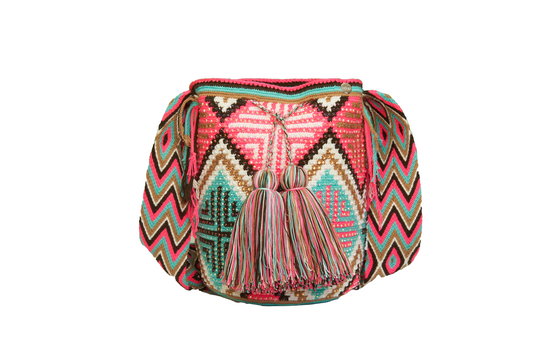 Pink Patterned Wayuu Bag with Gems, the mochila bag also has 2 tassels