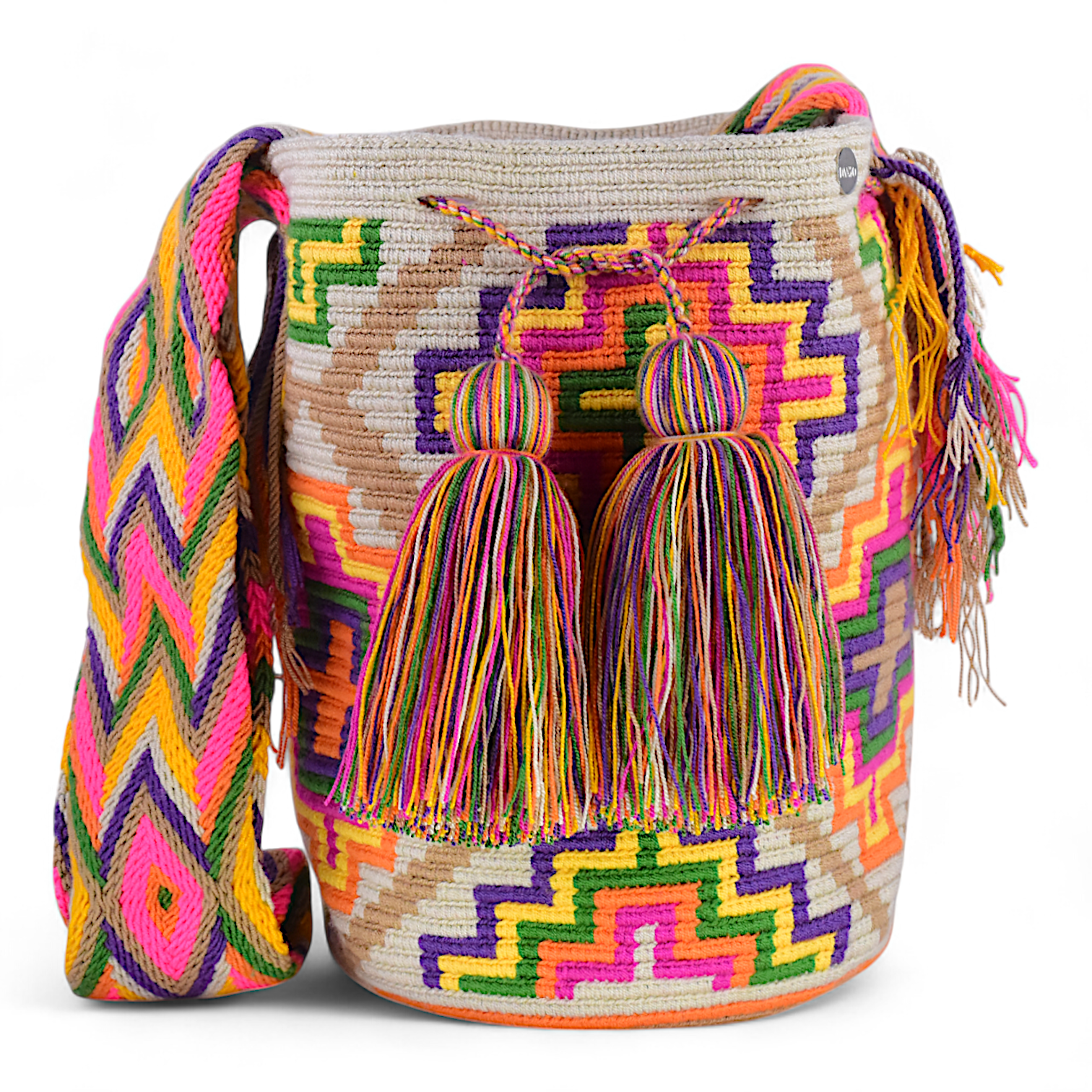 Boho Crossbody Bag with Multicolour Geometric Design and Tassels