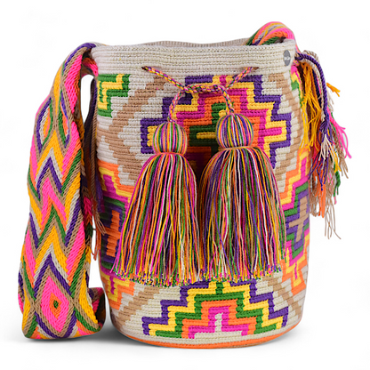 Boho Crossbody Bag with Multicolour Geometric Design and Tassels