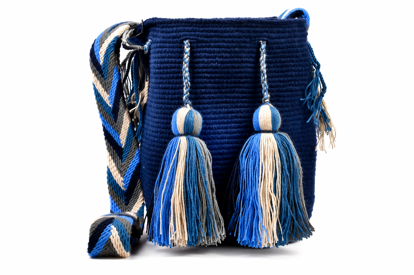 Navy Crochet Wayuu Mochila Bag with Tassel Detail